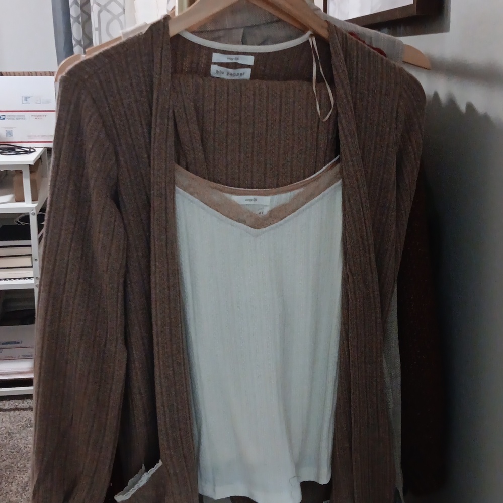 White Long Sleeve Cardigan with Lace Trim Set